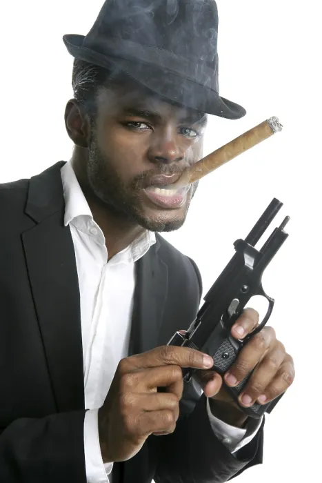Framed Print : African american mafia man smoking cigar with handgun portrait Framed Print : African american mafia man smoking cigar with handgun portrait