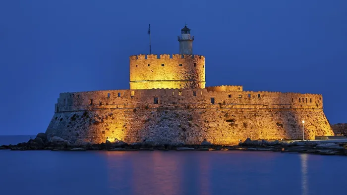 Framed Print : Agios Nikolaos Fortress, impressively illuminated castle at night