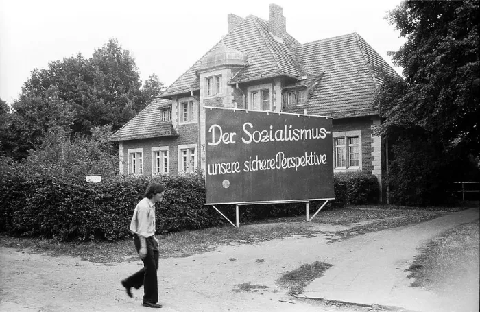 Framed Print : Agitation board in front of a building of the hospital Buch