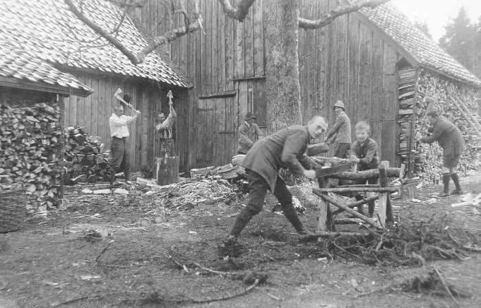 Framed Print : Agriculture, men chopping wood