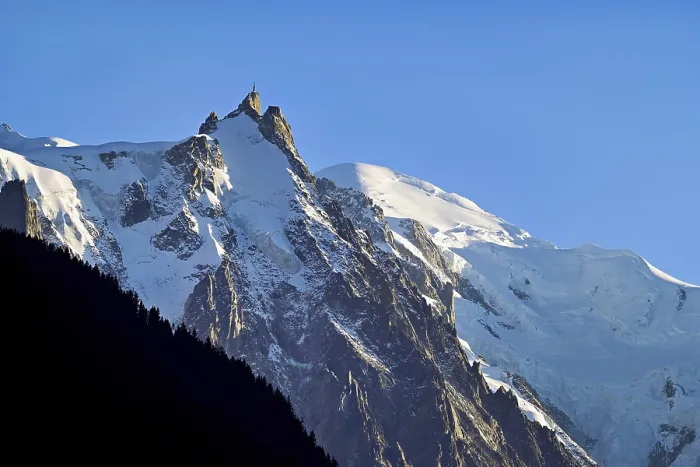 Framed Print : Aiguille du Midi, snow-covered Mont-Blanc on the right in the background Framed Print : Aiguille du Midi, snow-covered Mont-Blanc on the right in the background