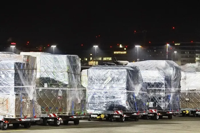 Framed Print : Air freight waiting to be loaded at Stuttgart Airport Framed Print : Air freight waiting to be loaded at Stuttgart Airport