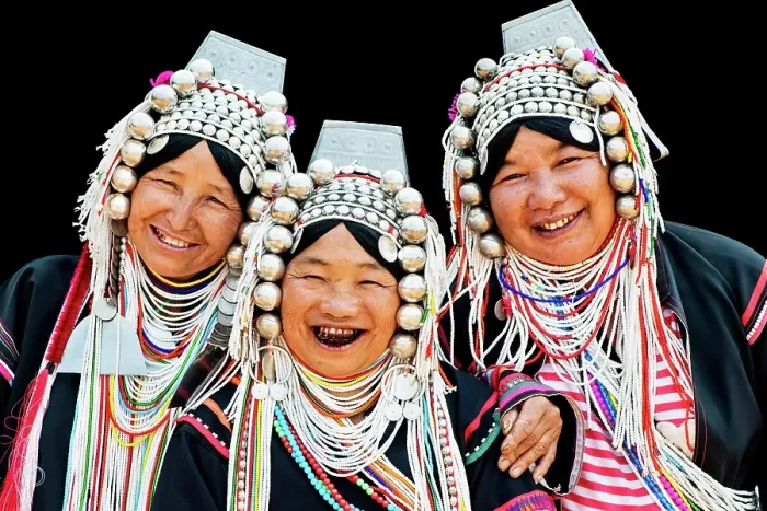 Framed Print : Akha hill tribe women in traditional dress, northern Thailand