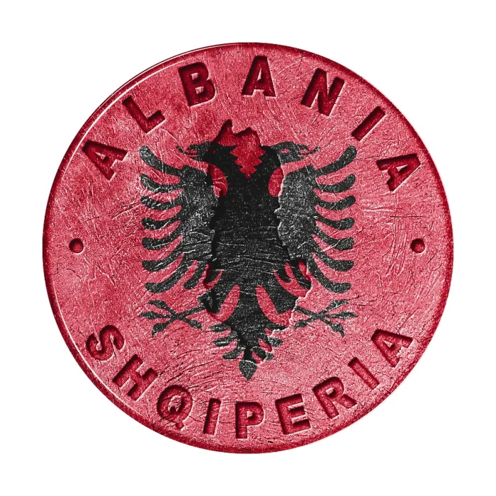 Framed Print : Albania Flag Button with Map, Retro Style