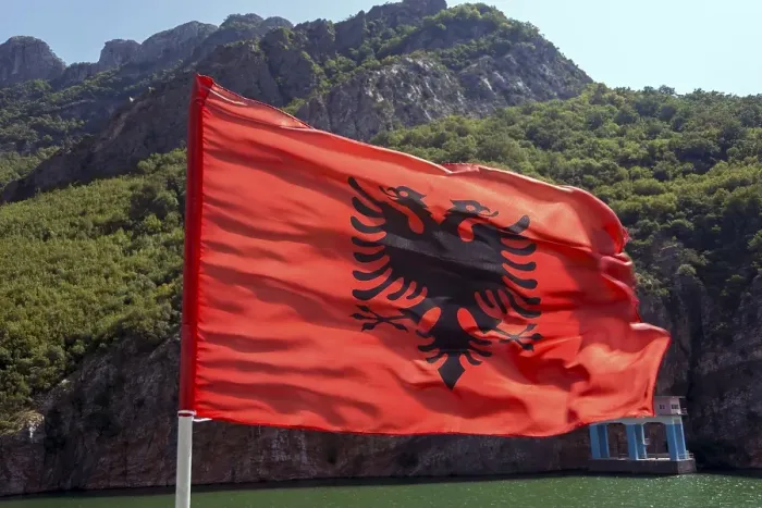 Framed Print : Albanian flag, Koman reservoir