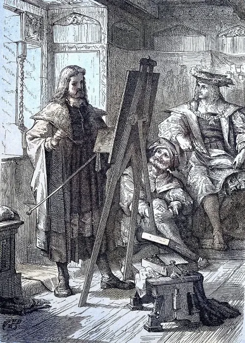 Framed Print : Albrecht Duerer stands at the easel and paints the portrait of Emperor Maximilian I