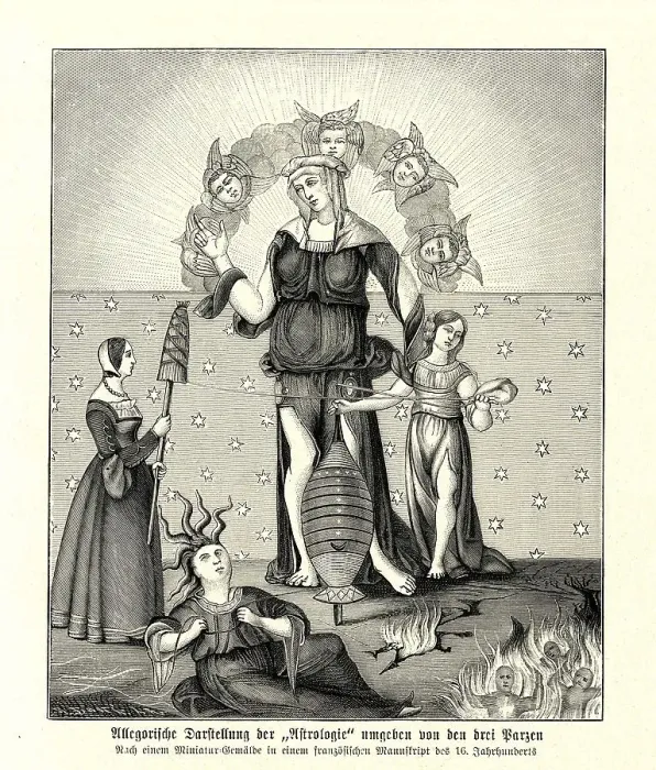 Framed Print : Allegorical representation of astrology surrounded by the three parzen