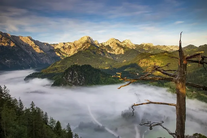Framed Print : Almsee im Nebel, Totes Gebirge