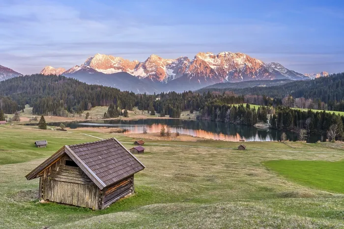 Framed Print : Alpenglow at Geroldsee, lake, hut