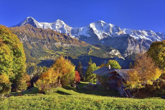 Framed Print : Alpine hut with autumn-coloured deciduous trees Framed Print : Alpine hut with autumn-coloured deciduous trees