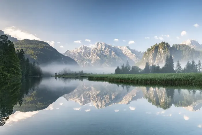 Framed Print : Alpine lake with reflection, fog atmosphere Framed Print : Alpine lake with reflection, fog atmosphere