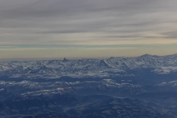Framed Print : Alpine panorama at dusk, aerial view Framed Print : Alpine panorama at dusk, aerial view