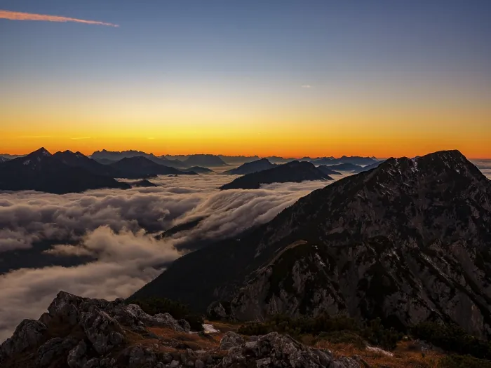 Framed Print : Alpine panorama at dusk, fog in the valley