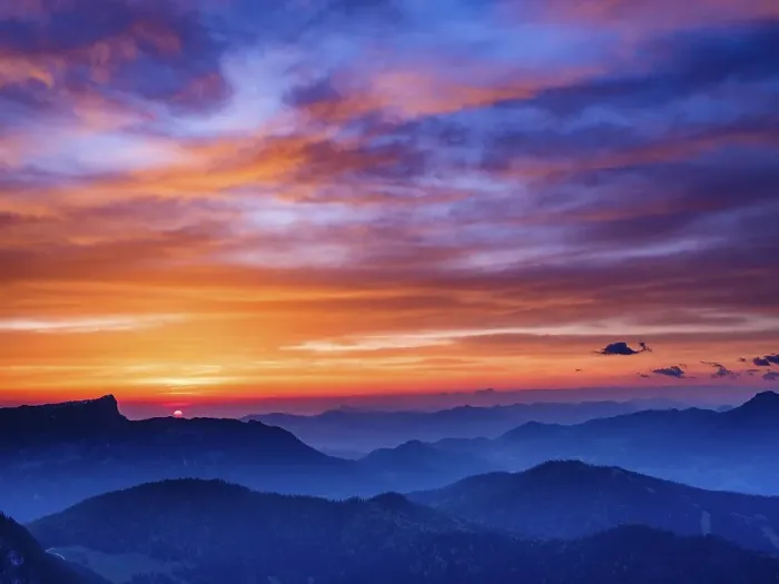 Framed Print : Alpine panorama at sunrise with red clouds