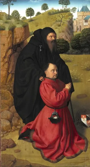 Framed Print : Altar wing with a benefactor in a red robe and St
