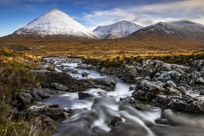 Framed Print : AltDearg Mor with snow-covered peaks of the Cullins Mountains in Highland landscape, Sligachan, Portree, Isle of Sky, Scotland, United Kingdom, Europe