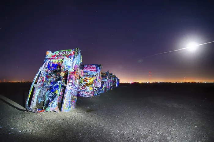 Framed Print : AMARILLO, TEXAS - April 2015: Famous art installation Cadillac Ranch at night Framed Print : AMARILLO, TEXAS - April 2015: Famous art installation Cadillac Ranch at night
