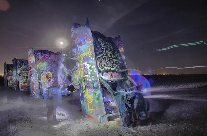 Framed Print : AMARILLO, TEXAS - April 2015: Famous art installation Cadillac Ranch at night