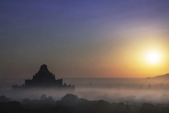 Framed Print : Amazing misty sunrise colors and silhouette of ancient Dhammayan Gyi Pagoda