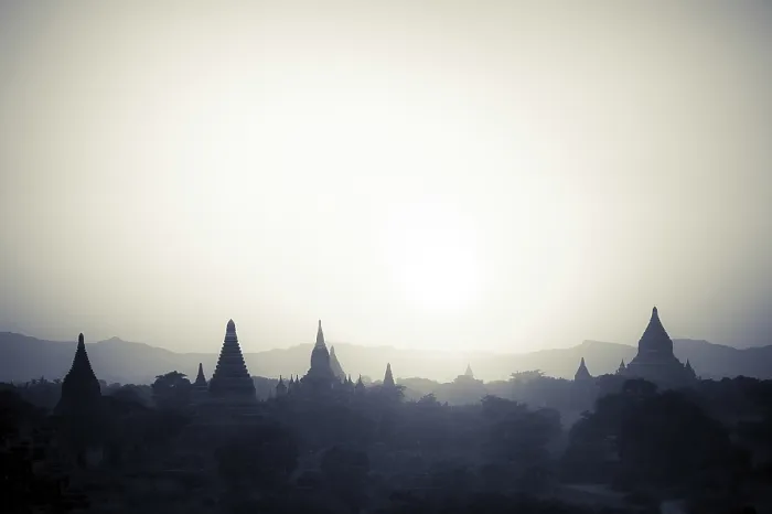 Framed Print : Amazing sunset colors and silhouettes of ancient Buddhist Temples at Bagan Kingdom