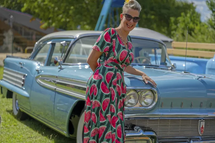 Framed Print : American classic car and a woman with a woman Framed Print : American classic car and a woman with a woman