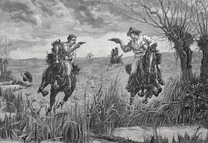 Framed Print : American cowboys duel with pistols from the horse