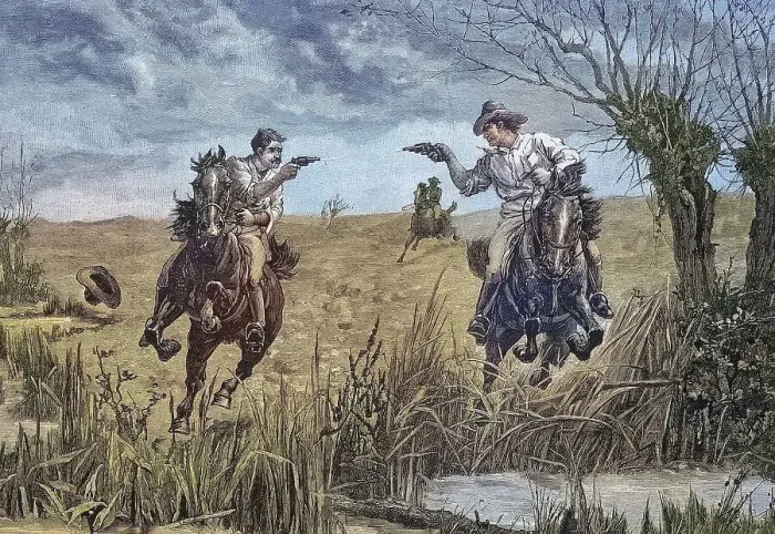 Framed Print : American cowboys duel with pistols from horseback