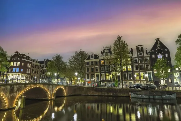 Framed Print : Amsterdam Netherlands, night city skyline of Dutch house at canal waterfront Framed Print : Amsterdam Netherlands, night city skyline of Dutch house at canal waterfront