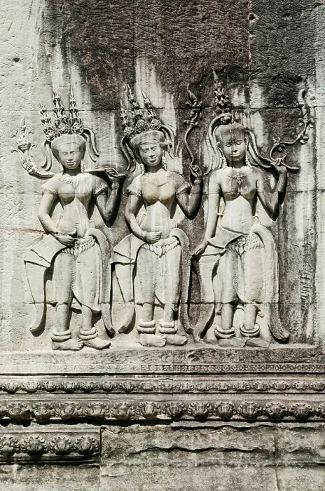 Framed Print : Ancient asian stone carved figures in buddhist angkor wat temple cambodia