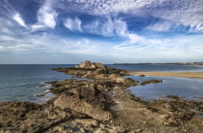 Framed Print : Ancient City Saint-Malo And Coastal Fort Petit Be With Sand Beach In Brittany Framed Print : Ancient City Saint-Malo And Coastal Fort Petit Be With Sand Beach In Brittany