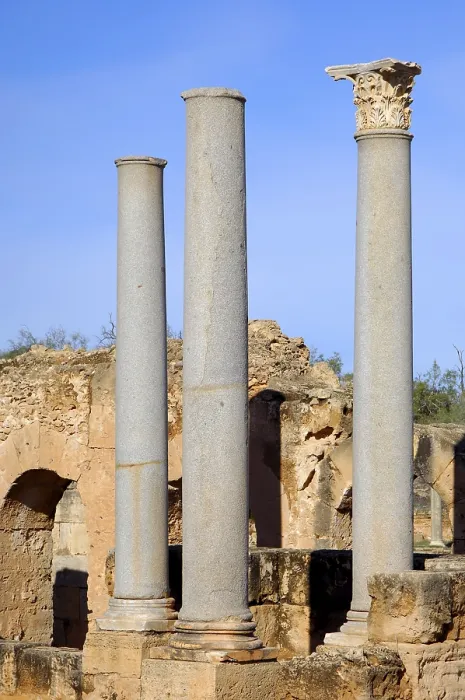 Framed Print : Ancient columns in the ruins of the Roman City Leptis Magna