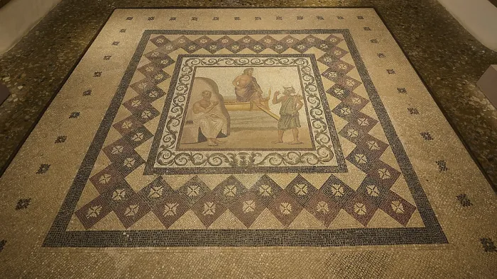Framed Print : Ancient floor mosaic with complex geometric patterns and figurative depictions