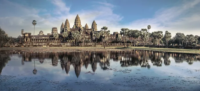 Framed Print : Ancient Khmer architecture. Amazing view of Angkor Thom temple under blue sky