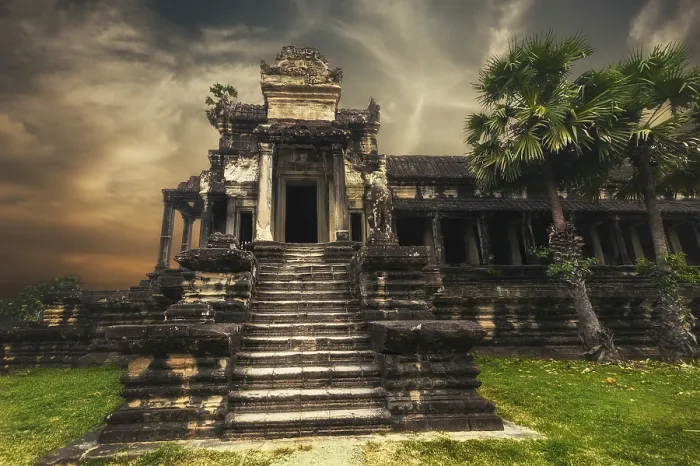 Framed Print : Ancient Khmer architecture. Amazing view of Angkor Thom temple at sunset Framed Print : Ancient Khmer architecture. Amazing view of Angkor Thom temple at sunset