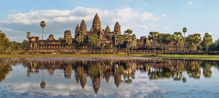 Framed Print : Ancient Khmer architecture. Panorama view of Angkor Wat temple at sunset