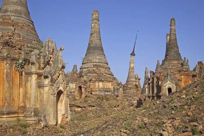 Framed Print : Ancient red brick Buddhist stupas near the village In Dein