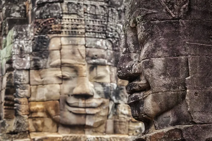 Framed Print : Ancient stone faces of Bayon temple Framed Print : Ancient stone faces of Bayon temple