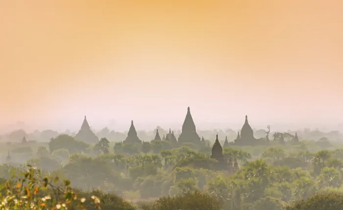 Framed Print : Ancient temples, pagodas in the evening light