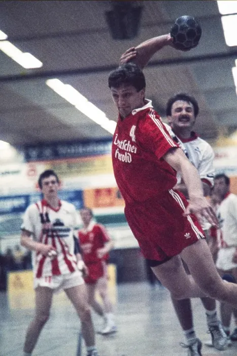 Framed Print : Andrei Schepkin (red), handball, European Champion Clubs Cup, TUSEM Essen (white), SKA Minsk Belarus, 28 April 1990, Germany, Europe