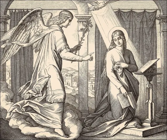 Framed Print : The Angel Gabriel brings the message to Mary about Jesus birth Framed Print : The Angel Gabriel brings the message to Mary about Jesus birth
