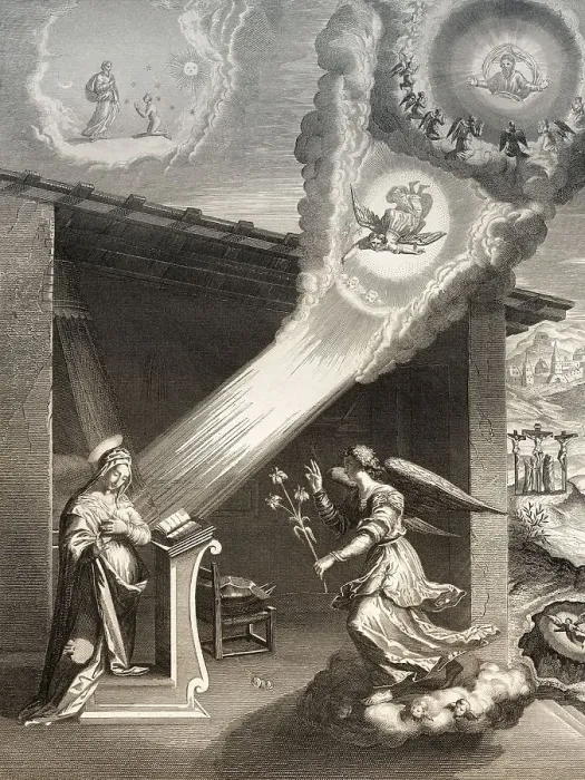 Framed Print : The Angel Gabriel brings the message to Mary about Jesus birth Framed Print : The Angel Gabriel brings the message to Mary about Jesus birth