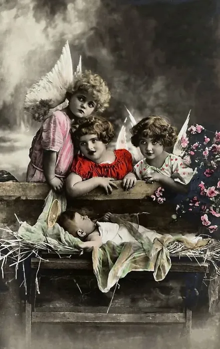 Framed Print : Angels standing by the crib, Christmas