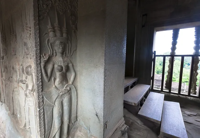 Framed Print : Angkor Wat, bas-relief in temple detail Cambodia