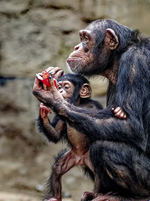 Framed Print : Animal portrait, Western chimpanzee (Pan troglodytes verus) playing with young Framed Print : Animal portrait, Western chimpanzee (Pan troglodytes verus) playing with young