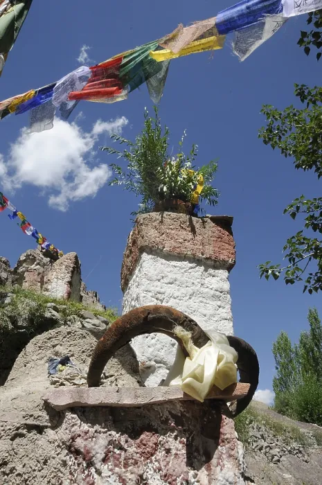 Framed Print : Animistic memorial with ibex horns in Stok