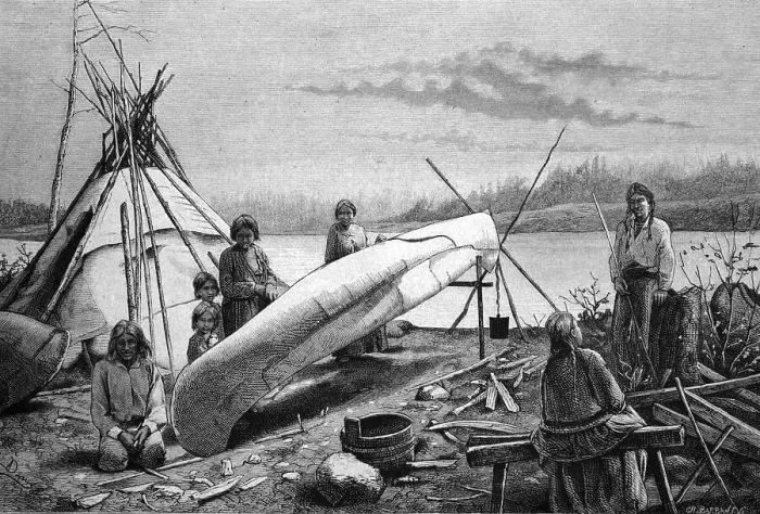 Framed Print : Anishinabe or Chippewa Indians repairing a boat
