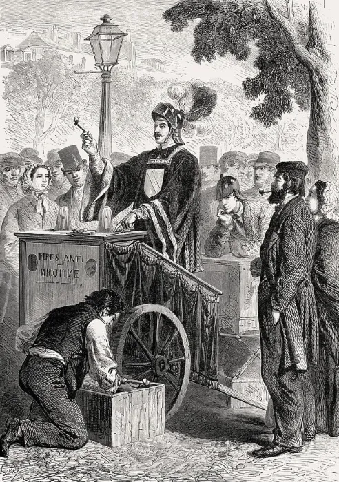 Framed Print : Anti-nicotine pipe merchant, demonstration by Claude Cotte