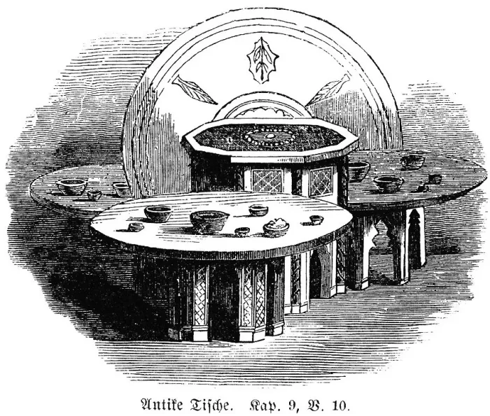 Framed Print : Antique tables, round, ornaments