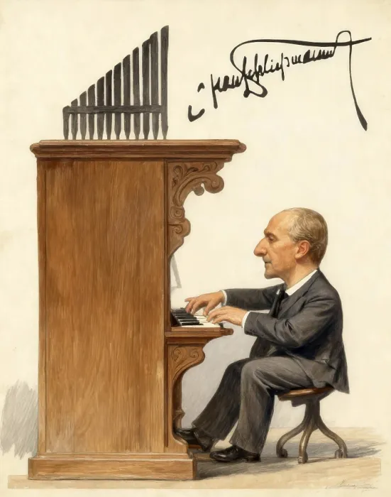 Framed Print : Anton Bruckner playing organ, Silhouette print by Hans SchlieBmann Framed Print : Anton Bruckner playing organ, Silhouette print by Hans SchlieBmann