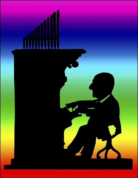 Framed Print : Anton Bruckner playing organ, Silhouette print by Hans Schliessmann